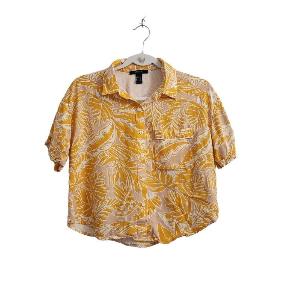 Forever 21 Womens Blouse Hawaiian Yellow Floral Palm Leaves Crop Button-Up Aloha